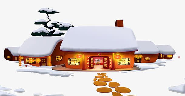 卡通手绘中国风冬天的雪房子