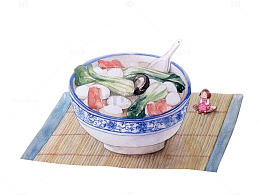 手绘青花瓷碗里的鱼丸汤