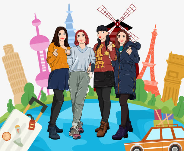 手绘插图户外国际游合照的朋友们