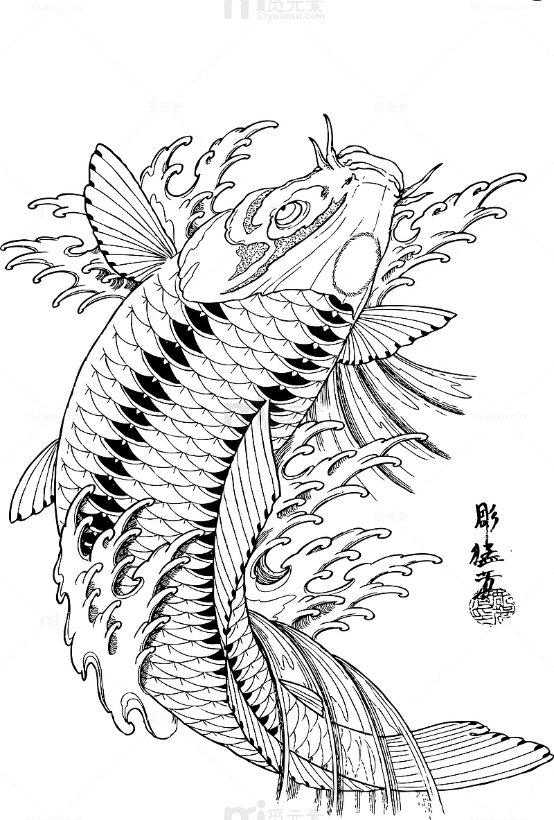 卡通手绘锦鲤素材图
