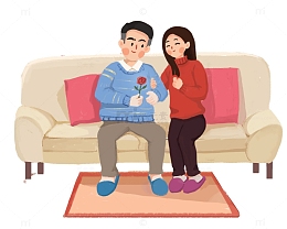 手绘人物插画坐在沙发上的情侣插