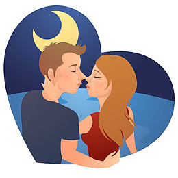 手绘卡通人物插图月亮下拥吻的情