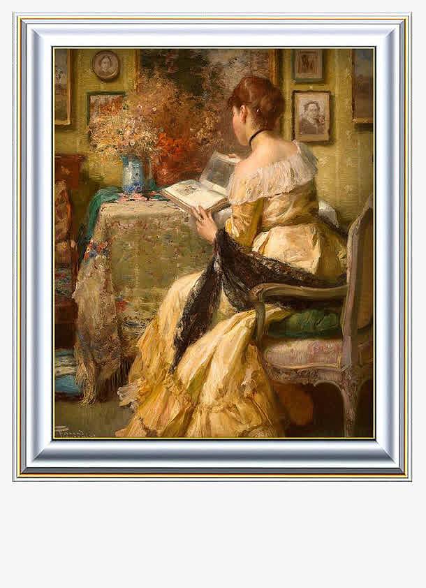 正在阅读的贵族少妇人像装饰油画