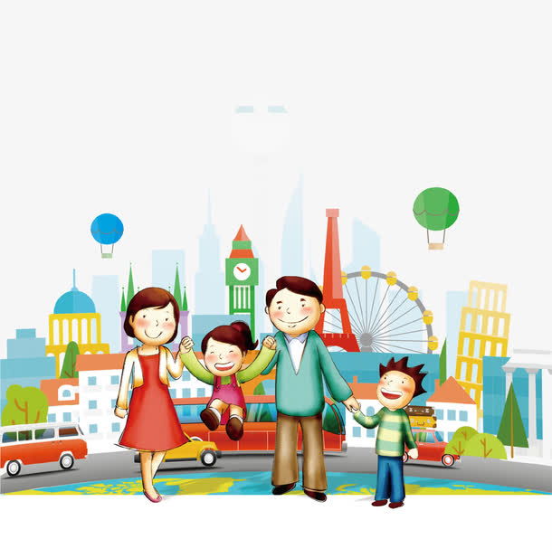 卡通手绘欢乐家庭亲子游插画
