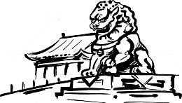 素描石狮子和古代建筑