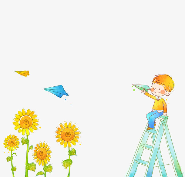 卡通手绘向日葵小男孩插画免抠