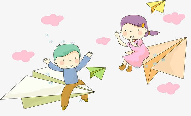 手绘卡通小朋友坐在彩色漂浮纸飞