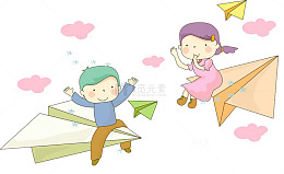 手绘卡通小朋友坐在彩色漂浮纸飞