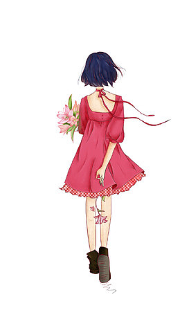 卡通手绘唯美少女背影插画