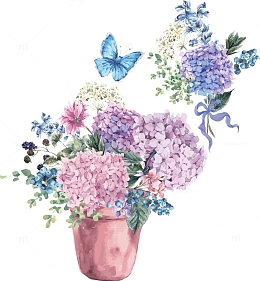 彩绘水彩紫色绣球花花卉矢量素材