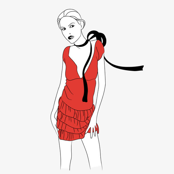 矢量手绘红色短裙美女人物