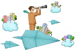 站在纸飞机上拿着望远镜眺望的男