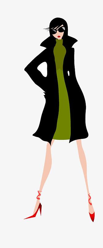 卡通人物穿黑色大衣女人