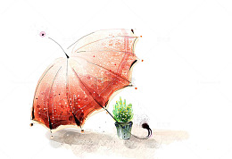 水彩水墨晕染插图红色雨伞