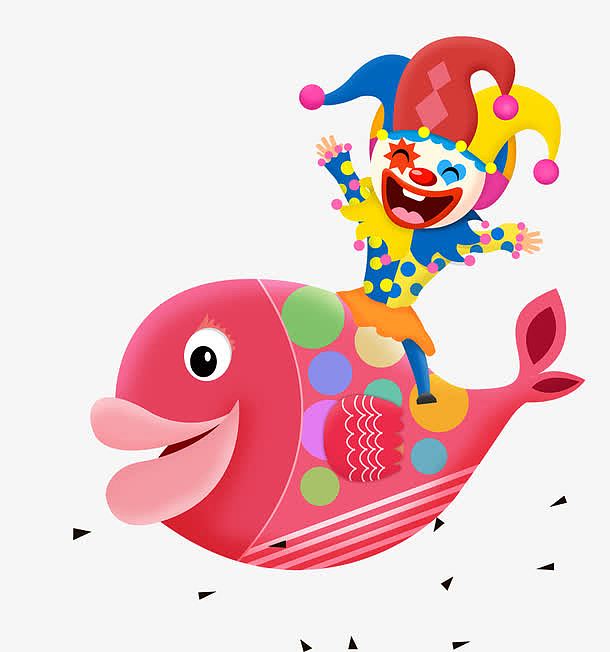 免抠卡通手绘骑在红色鱼上的小丑