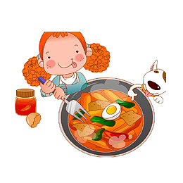 卡通手蘸着火锅汤舔的小狗素材