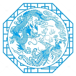 蓝色中式窗户龙凤雕花