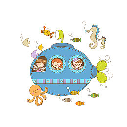 卡通往潜艇窗外的海洋动物的孩子