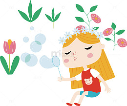 手绘可爱卡通小女孩吹泡泡插画矢
