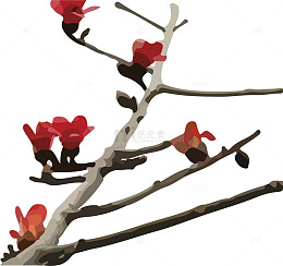 六朵木棉花依附在树枝上