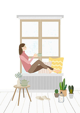 手绘坐在窗台上休息的女孩