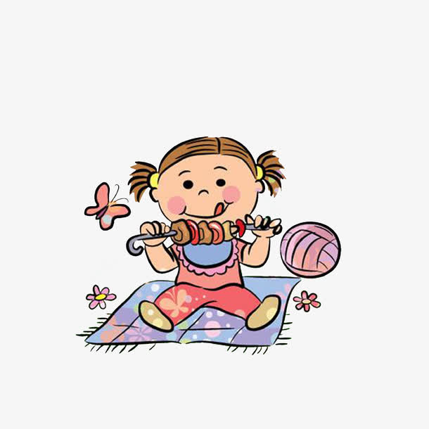 卡通坐在野餐垫上吃着烤肉的小女