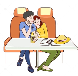 手绘坐火车的情侣人物插画