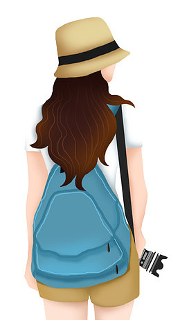 手绘人物插图春天踏青女孩背影