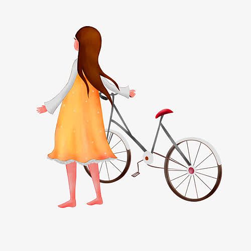 女孩骑单车春游手绘