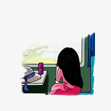 卡通坐火车看窗外风景的女孩素材