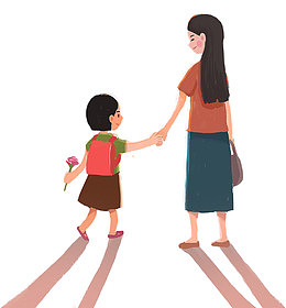 母亲节手绘人物插图妈妈拉着女孩