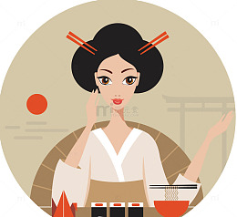 矢量日本艺妓吃寿司