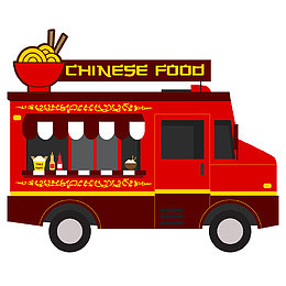 红色汽车矢量卡通风景中餐快餐车