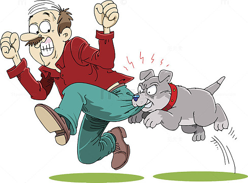 可爱卡通插图被狗咬住屁股的男人