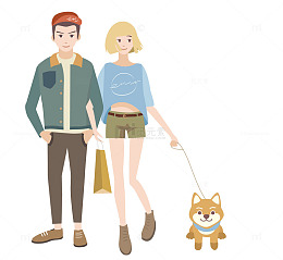时尚遛狗的情侣插画免抠