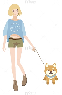手绘遛狗的小女孩免抠图