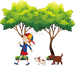 春天里遛狗的可爱女孩