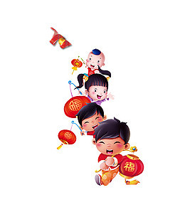 卡通新年拿着灯笼的小孩