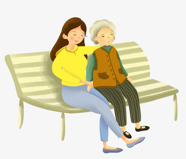 手绘母亲节插画与白发妈妈坐在木免抠素材免费下载_觅元素51yuansu.