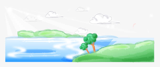 手绘湖边插画矢量图