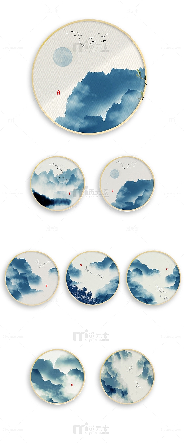 中国风圆形山水挂画装饰画