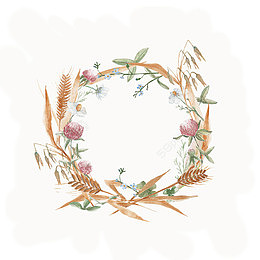 灰色小麦穗紫色花朵绿叶缠绕花环