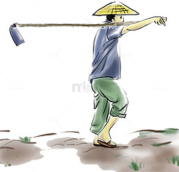 背着锄头戴着斗笠走在耕地上的农