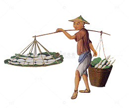 挑扁担卖莲藕的男子