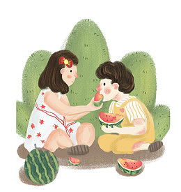 卡通手绘24节气夏至吃西瓜插画