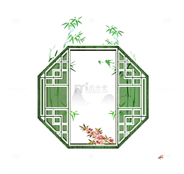 中国风绿色多边形窗户免抠