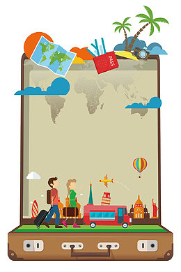 卡通创意旅游行李箱海报插画免抠