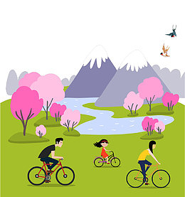 卡通春季骑车踏青插画
