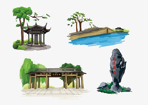 杭州地标免抠图png手绘假山aipng水彩绘蓝色大海风景矢量图psdjpg卡通