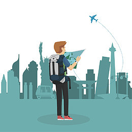 小伙子一个人独自乘飞机出发旅游